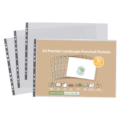 A3 100% Recycled Landscape Punched Pockets - Pack of 10