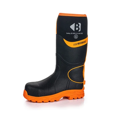 Buckbootz BBZ8000 Neoprene Rubber Safety Wellingtons - Black/Orange - Size 3
